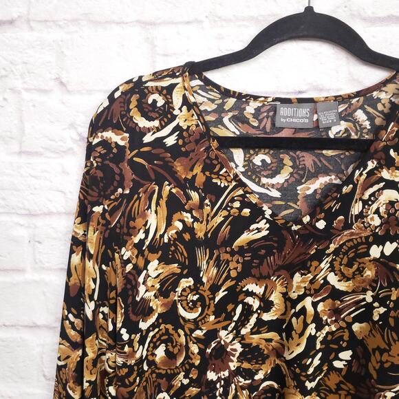 Chico's Additions Sz 3 Black Brown Artsy Printed Top 3/4 Sleeves Chicos XL 16 - Picture 3 of 12